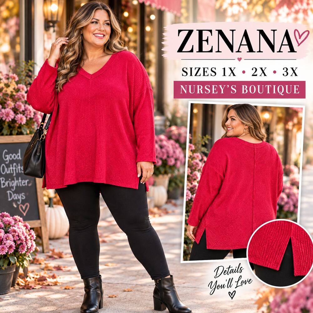 Zenana Plus 1X Red Ribbed V Neck Oversized Tunic Sweater Top NWOT
